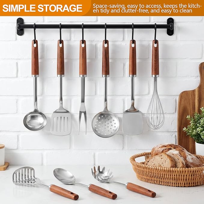 9PCS 18/8 Stainless Steel Kitchen Utensils Set, Heavy Duty Wooden Handle Cooking Utensils, Metal Cookware Utensils with Spatula, Ladle, Skimmer, Spaghetti Spoon and Potato Masher, Easy to Clean