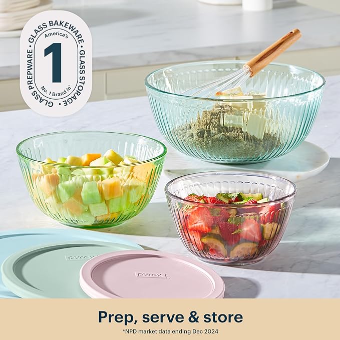 Pyrex Colors (3-Pack, Full Set) Sculpted Tinted Glass Mixing Bowls With Plastic Lids, Nesting Space Saving Set of Bowls For Prepping and Baking, 1.3QT, 2.3QT & 4.5Q, (Pink, Green, Aqua) - Image 3