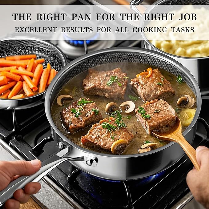 VONIKI Hybrid Tri-ply Stainless Steel Cookware Set, Pots And Pans Set Non Stick with Steamer Basket, Non Toxic Induction Cookware, Kitchen Cookware Sets PFOA & PTFE Free, Dishwasher and Oven Safe - Image 4