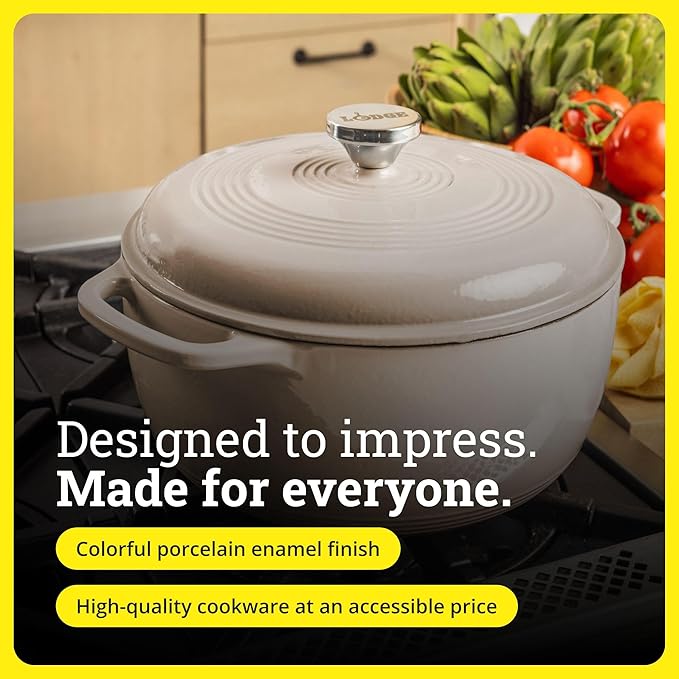 Lodge Essential Enamel Cast Iron Dutch Oven - Perfect for Bread Baking, Braising, Marinating & Slow Cooking - Features Moisture-Sealing Lid & Dual Handles - Kitchen Essentials - 6 Quarts - Sandalwood - Image 6
