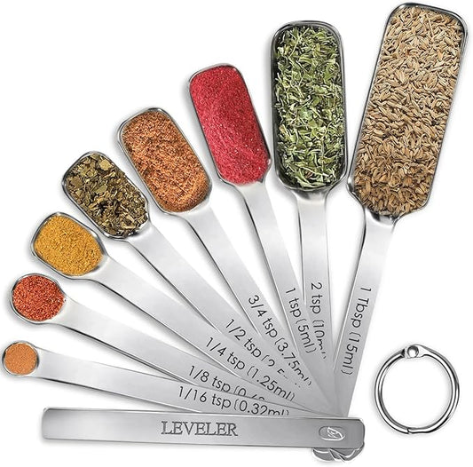 9 Pcs Measuring Spoons Set with Leveler, Metal Teaspoon & Tablespoon Measuring Spoons for Cooking & Baking, Fits in Spice Jars, Kitchen Gadgets for Dry & Liquid Ingredients by YUNNKEEY