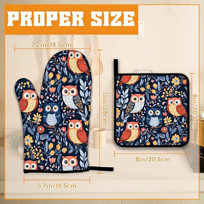 Colorful Cute Owl Oven Mitts and Pot Holders,Heat Resistant Oven Mitts Gloves and Pot Holder for Home Kitchen Decorations Cooking Baking BBQ Gifts,Set of 4