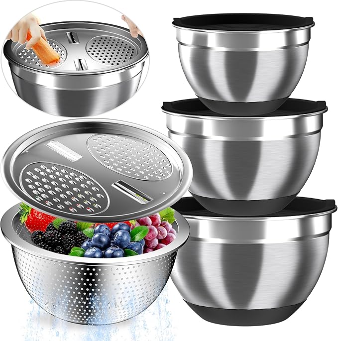 Nicdiet Mixing Bowls with Airtight Lids, Stainless Steel Mixing Bowl Set with 3 Metal Nesting Bowls, Colander & Grater, Non-Slip Bottoms, Size 1.5, 2.5, 5 QT, Great for Mixing & Serving, Black by AUFETQ