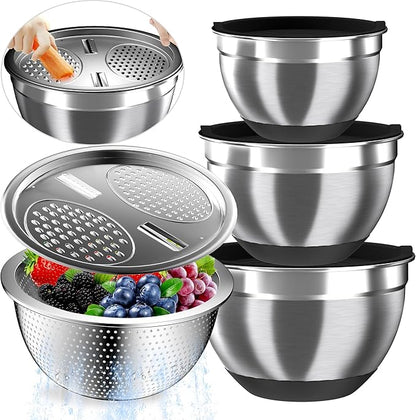 Nicdiet Mixing Bowls with Airtight Lids, Stainless Steel Mixing Bowl Set with 3 Metal Nesting Bowls, Colander & Grater, Non-Slip Bottoms, Size 1.5, 2.5, 5 QT, Great for Mixing & Serving, Black by AUFETQ