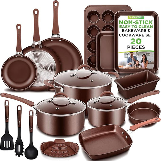 NutriChef 20 Piece Professional Home Kitchen Cookware and Bakeware, Pots and Pans Set Non Stick Kitchenware, Cool-Touch Handles, Safe for Gas, Electric, Induction Cooktops, Easy Clean, Brown by NutriChef%E2%84%A2Kitchen