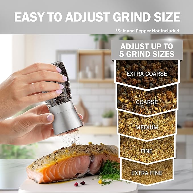 Home EC Original Stainless Steel Sea Salt and Pepper Grinder Set of 2 - Adjustable Ceramic - Glass Salt and Pepper Shakers - Kitchen Pepper Mill & Salt Mill W/Funnel & EBook - Image 2