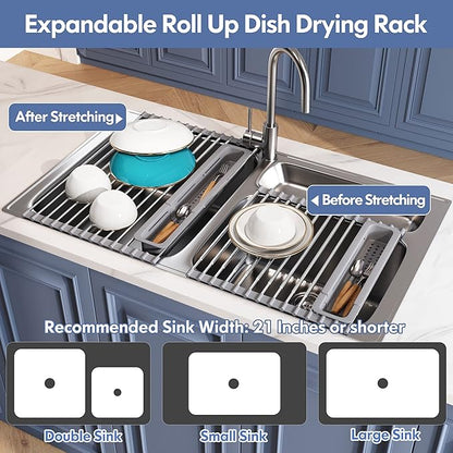 JASIWAY Over The Sink Dish Drying Rack for Kitchen, Expandable (12.8"-23.8" D x 15.5" W) Roll Up Dish Drainer with The Function of Fordable, Rust Proof, Large Sink Cover with Removable Utensil Holder - Image 4