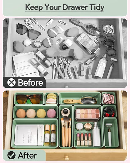 KEMETHY 25 PCS Plastic Drawer Organizers Set, 4 Sizes Vanity Organizer, Makeup and Desk Drawer Organizer Trays, Organization and Storage for Makeup, Bathroom, Kitchen Utensils and Office (Green) - Image 3