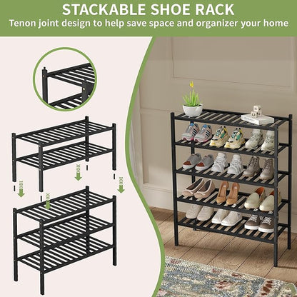 ROMGUAR CRAFT 3 Tier Bamboo Shoe Rack for Closet Free Standing Wood Shoe Shelf Storage Organizer for Entryway Small Space Stackable 27"x11"x20" (Black) - Image 5