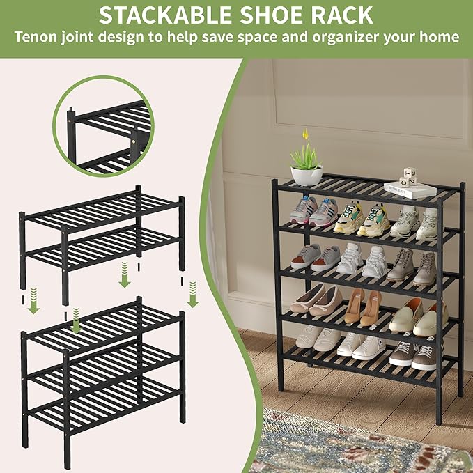 ROMGUAR CRAFT 2 Tier Bamboo Shoe Rack for Closet Free Standing Wood Shoe Shelf for Entryway Small Space Stackable 27"x11"x13" (Black) - Image 5