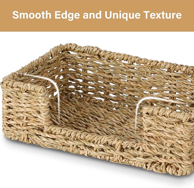 Graciadeco Bathroom Disposable Guest Towel Napkin Holder Long Seagrass Woven Rattan Wicker Table Dinner Paper Hand Guest Towel Napkin Basket Tray Caddy for Kitchen