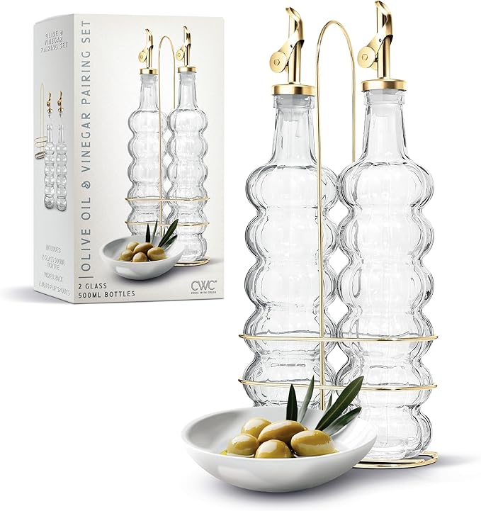 COOK WITH COLOR Glass Olive Oil Bottle Dispenser - 2 Pack- 17oz Oil and Vinegar Cruet - Olive Oil Carafe Decanter for Kitchen, Elegant Waves, Clear by CookwithColor