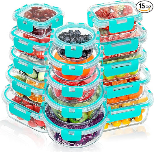 VERONES 30 Pieces Glass Meal Prep Containers Set, Stackable Glass Food Storage Containers with Lids-Airtight Lunch Containers，for Microwave, Oven, Freezer & Dishwasher,Green