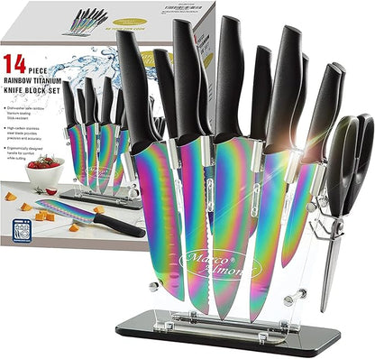 Marco Almond® Knife Block Set,14-Piece Rainbow Color Stainless Steel Knife Sets for Kitchen with block, KYA35 Chef Cooking Knives Set with Acrylic Stand