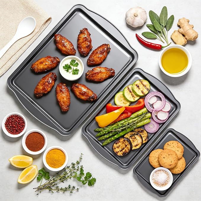 Baking Sheet Set of 3 - Carbon Steel Cookie Sheet for Baking, 17/15/13 Inch, Nonstick Baking Pan with Dual Handles, Stackable, Rust & Warp Resistant, Perfect for Baking, Roasting, and More - Image 4