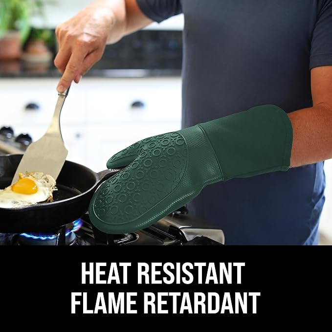 BPA-Free Silicone Oven Mitts Ultra Heat Resistant up to 500°F - Oven Mitts with Thick Cotton Liner - Long Slip Resistant Pot Holders, Flexible Oven Gloves - Green 13.7 - Image 3