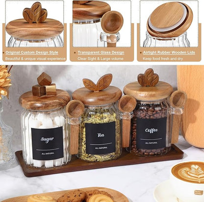 Suclain 3 Pcs Glass Coffee Container with Acacia Wood Lid & Spoon, 20.3 oz Airtight Glass Jar with Wooden Shelf, Food Storage Containers Coffee Jar Tea Container(Acacia Color) - Image 3