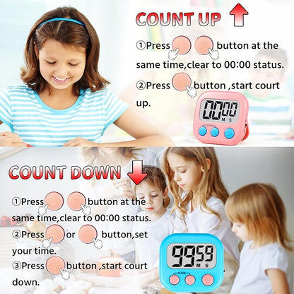 Timer for Kids Teachers Digital Kitchen Timers for Cooking Large Magnetic Classroom Timer 4Pack-Blue Pink