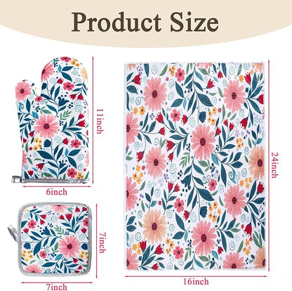 3 Piece Kitchen Towels and Oven Mitts Sets, Absorbent Microfiber Dish Towel with Heat Resistant Pot Holders and Oven Gloves, Vintage Farmhouse Floral Decor, Rustic Cooking Baking Gifts for Women