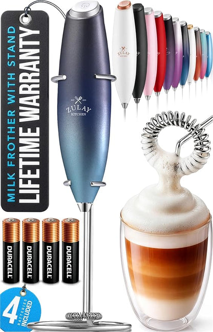 Zulay Kitchen Powerful Milk Frother Wand With 4 AA Duracell Batteries - Ultra Fast Handheld Drink Mixer - Electric Whisk Foam Maker for Coffee, Lattes, Cappuccino, Matcha & Creamer - Deep Sea by ZulayKitchen