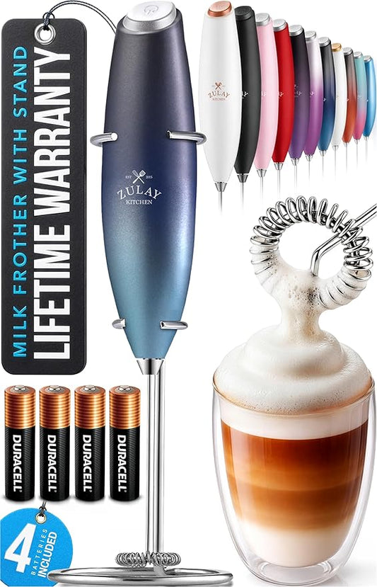 Zulay Kitchen Powerful Milk Frother Wand With 4 AA Duracell Batteries - Ultra Fast Handheld Drink Mixer - Electric Whisk Foam Maker for Coffee, Lattes, Cappuccino, Matcha & Creamer - Deep Sea by ZulayKitchen