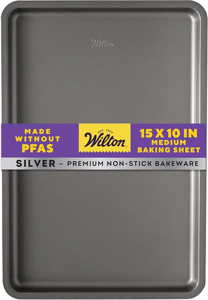 Wilton Silver Non Stick Medium Baking Sheet, 15.25 x 10.25 Inch, Cookie Sheet for Baking, Roasting, Sheet Pan Meals, Made without PFAS, Durable Steel, Even Heating