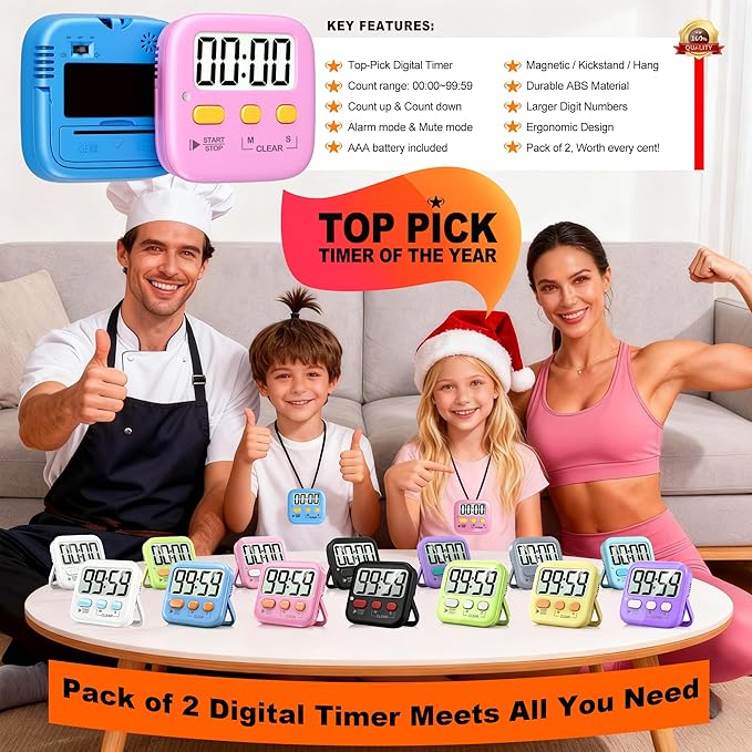 Antonki 2 Pack Digital Timer for Kids, Magnetic Countdown Kitchen Timers for Cooking, Egg, Classroom, Teacher, Exercise, Study, Oven - Battery Included - Image 8