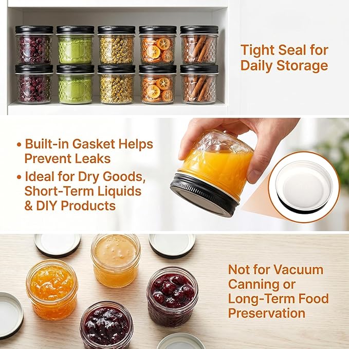 4 oz Glass Jars With Lids (Black), 40 Pack Small Clear Mason Jars and Diamond appearance, Small Spice Canning Jars for Spice, Honey, Jam, Caviar, Candle Making, Wedding Favors & Kitchen Storage - Image 4