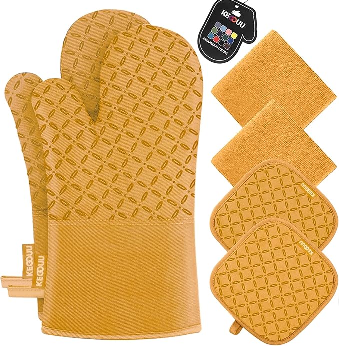 KEGOUU Oven Mitts and Pot Holders 6pcs Set, Kitchen Oven Glove High Heat Resistant 500 Degree Extra Long Oven Mitts and Potholder with Non-Slip Silicone Surface for Cooking （Orange） by KEGOUUOvenMitt