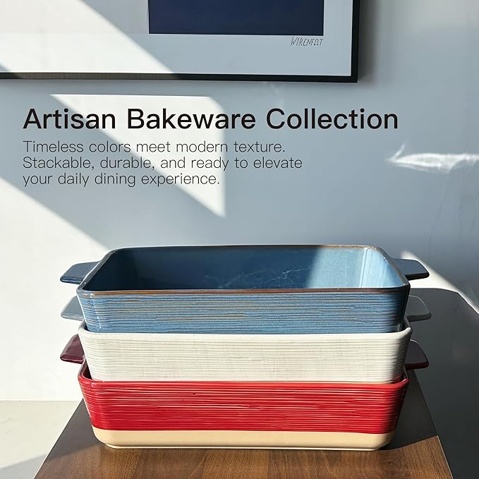 Dafuceramic Casserole Dish for Oven, 4.2 QT Baking Dish, 9x13 Large Porcelain Baking Pan, Durable Rectangular Lasagna Pan Deep with Handles, Microwave Oven Safe, Home Decor, Wedding Gift,(Khaki & Red) - Image 6