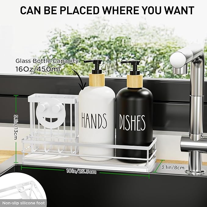 Moforoco Kitchen Dish Soap Dispenser Set, 16OZ Glass Bottle, Hand and Dish Soap Dispenser Set, Instant Dry Tray, Brush Holder with Smiley Face Sponge Holder (White Tray+Black&White Bottle) - Image 5
