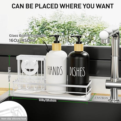 Moforoco Kitchen Dish Soap Dispenser Set, 16OZ Glass Bottle, Hand and Dish Soap Dispenser Set, Instant Dry Tray, Brush Holder with Smiley Face Sponge Holder (White Tray+Black&White Bottle) - Image 5