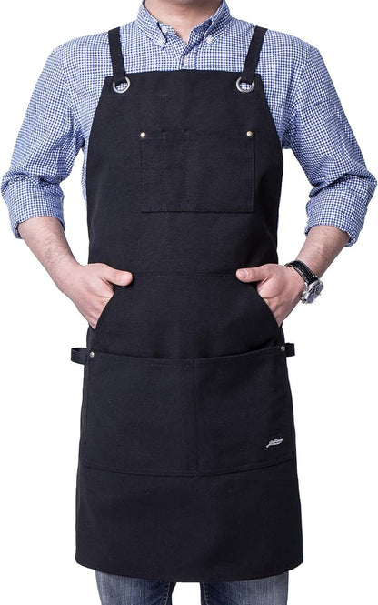 Heavy Duty Canvas Work Apron,Tool Pockets, Back Straps Adjustable（black）