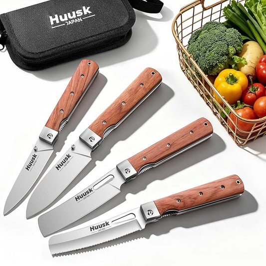 Huusk Folding Chef Knife Set - Including Nakiri, Santoku, Bread and Fruit Knives - EDC Kitchen Knife Set with 440C Stainless Steel Ultra Sharp Blade - Japanese Pocket Knives - Gifts for Mom