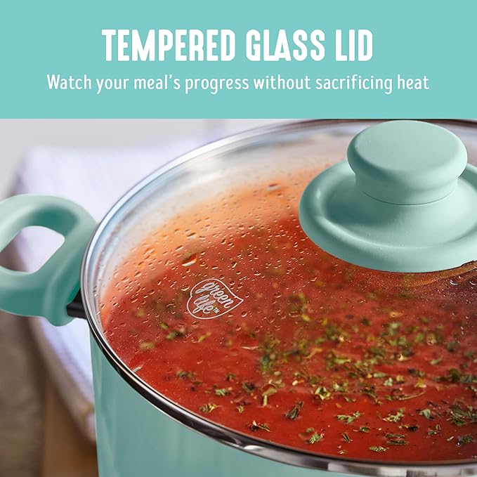 GreenLife Soft Grip 16 Piece Cookware Set, Non-Toxic PFAS-Free Ceramic Nonstick, Pots, Frying, Sauce, Saute, Glass Lids, Stay-Cool Handles, Wobble Free Bases, Dishwasher & Oven Safe, Turquoise - Image 8
