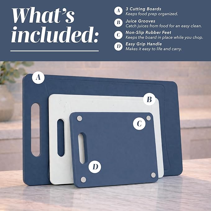 COOK WITH COLOR Non-Slip Cutting Board Set – Kitchen Essentials with Easy Grip Handle for Meat, Veggies, and Fruits, 3 Cutting Boards, Blue and White Marble - Image 2