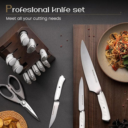 Knife Set, Astercook Kitchen Knife Set with Block, 15 Pcs Luxurious High Carbon German Stainless Steel Knives Set with Full Tang Ergonomic Handle, Dishwasher Safe Knife Set with Sharpening Rod