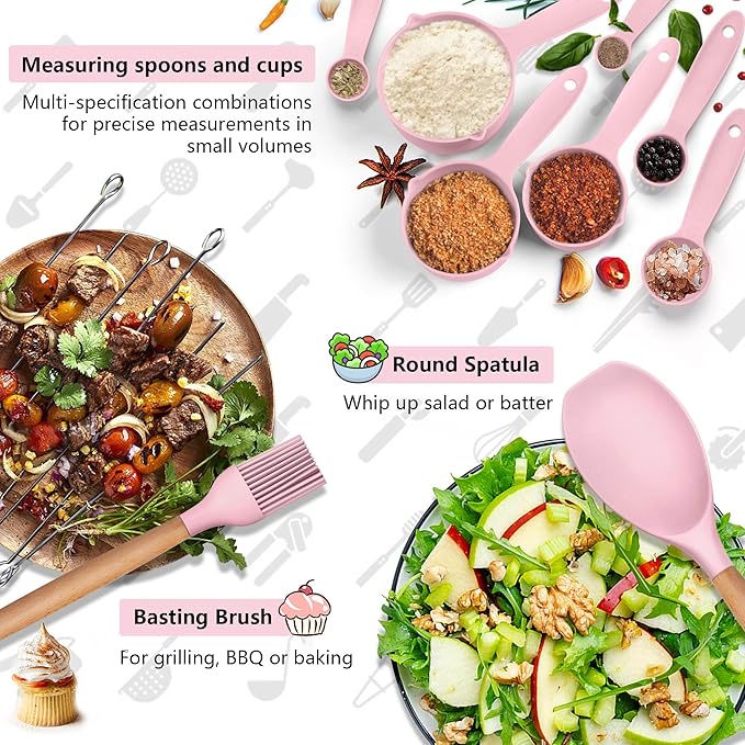 HaWare Kitchen Cooking Utensils Set, 23-Piece Silicone Kitchen Utensils Spatula Set with Holder, Heat Resistant Wooden Handle Kitchen Gadget for Nonstick Cookware, Food-grade Turner Spoon Sets (Pink) - Image 6