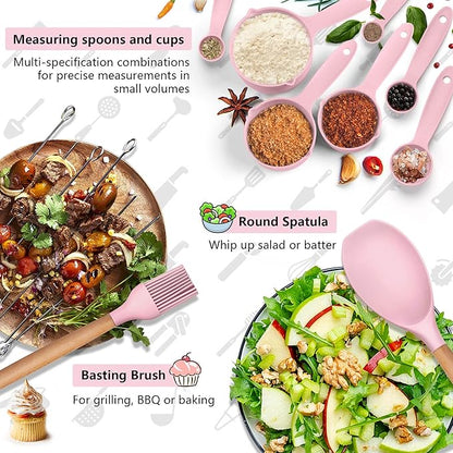HaWare Kitchen Cooking Utensils Set, 23-Piece Silicone Kitchen Utensils Spatula Set with Holder, Heat Resistant Wooden Handle Kitchen Gadget for Nonstick Cookware, Food-grade Turner Spoon Sets (Pink) - Image 6