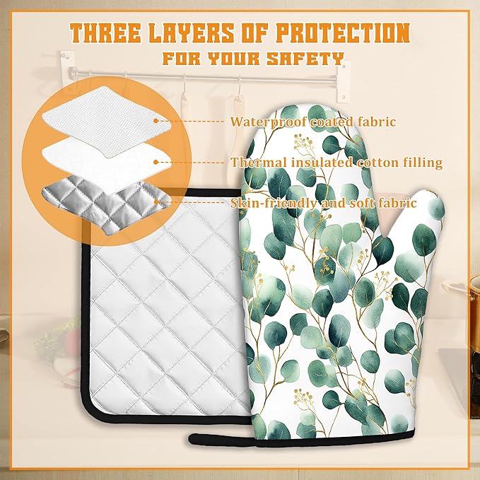 Eucalyptus Leaf Oven Mitts and Pot Holders Set,Golden Green Kitchen Decor Heat Resistant Non Slip Hot Pads and Oven Mitt for Chef Cooking Baking BBQ Mom Girl Gifts(4 Piece Set)