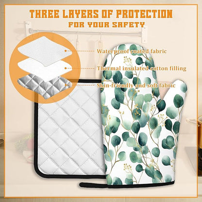 Eucalyptus Leaf Oven Mitts and Pot Holders Set,Golden Green Kitchen Decor Heat Resistant Non Slip Hot Pads and Oven Mitt for Chef Cooking Baking BBQ Mom Girl Gifts(4 Piece Set)