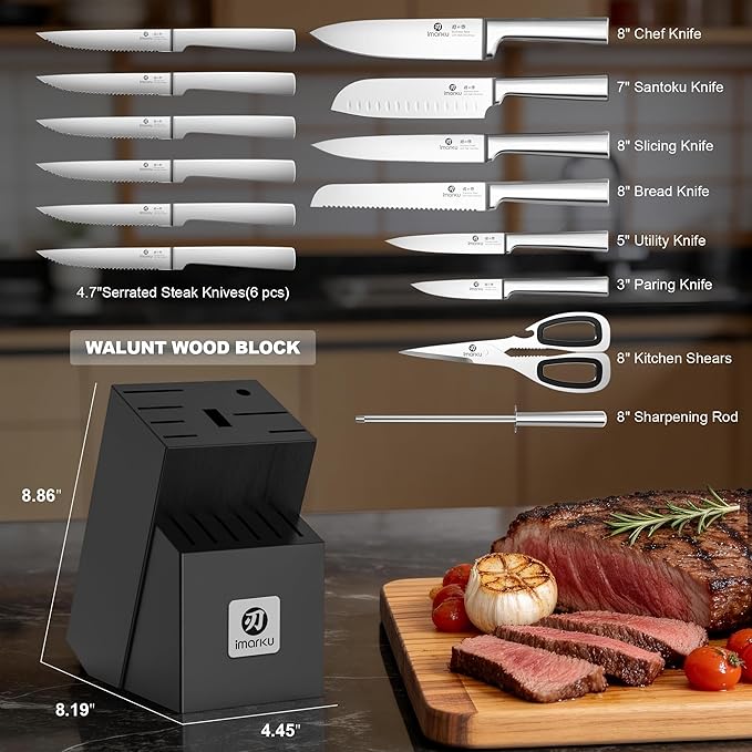 imarku 15-Piece Knife Block Set Built-in Sharpener, Japanese High Carbon Stainless Steel Kitchen Knife Set, Dishwasher Safe, Chef Knife Set with Wooden Knife Block, Steak Knives for Kitchen Cooking - Image 2