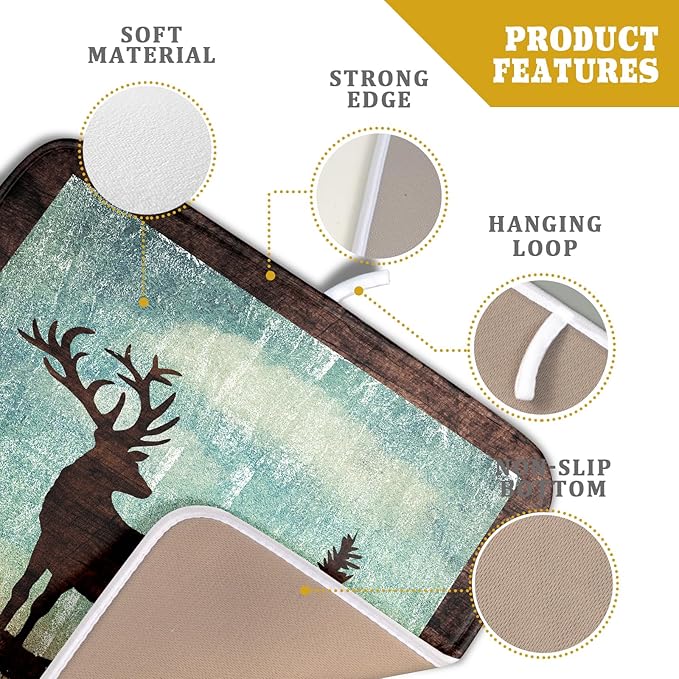 Giwawa Retro Deer Forest Cabin Silhouette Dish Drying Mat Countertop 16x18 Fall Blue Sky Cloud Cartoon Elk Wild Animal Bushes Drainer Mat Pine Tree Grass Dishes Pad Rustic Dish Drainer Rack