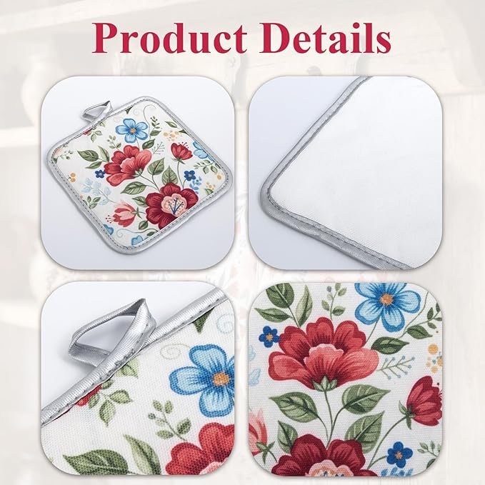 Floral Oven Mitts and Pot Holders Sets 2 Pcs, Canvas Heat Resistant Kitchen Mittens with Hot Pads, Vintage Farmhouse Country Decor, Non-Slip Cooking Baking Grilling Gifts for Women Mom (Flower3)