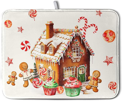 Christmas Gingerbread Man Drying Mat for Kitchen Counter Winter Cute Gingerbread House Candy Cane Cookies Dish Drying Mats Xmas Holiday Dish Drainer Mats Absorbent Reversible Drying Pad 18x24 Inch by Kwlegh