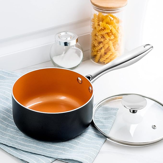 MICHELANGELO Sauce Pan Set, Ultra Nonstick Saucepan Set of 3, Ceramic Saucepans with Lids, 1 Qt & 2 Qt & 3 Qt Small Pot Set, Copper Sauce Pan with Lid - Image 5