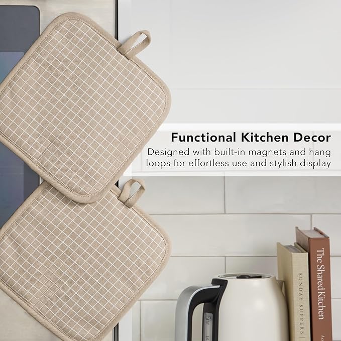KITCHENAID Gourmet Series Gridlines Pot Holders 2-Pack Set, Heat Resistant up to 600°F, Soft Silicone Grip, Magnetic Cuff, Milkshake Tan, 8"x8" - Image 6