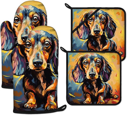 Watercolor Dog Oven Mitts and Pot Holders Sets Heat Resistant 4Pcs Potholders Oven Gloves Hot Pads for Kitchen Baking Cooking Grilling BBQ