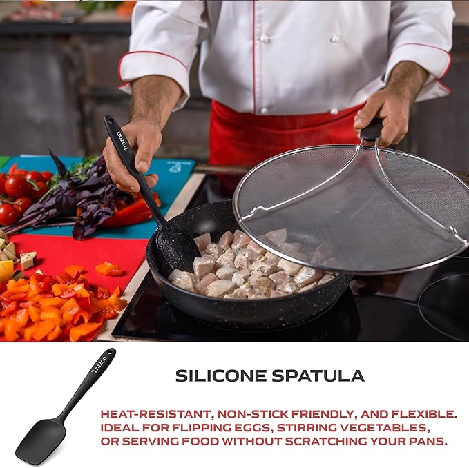 Grease Splatter Screen for Frying Pan 13 inch - Stops 99% of Hot Oil Splash - Protects Skin from Burns - Splatter Guard for Cooking - Iron Skillet Lid Keeps Kitchen Clean, includes Silicone Spatula - Image 5