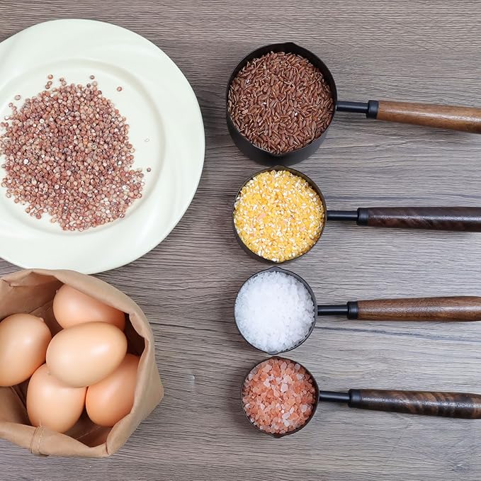 Set of 4 Measuring Cups and Spoons Black Measuring Cups with Wooden Handle Stainless Steel Measuring Spoons and Scoops Set for Kitchen Flour Spice Seasoning Measurement (1+1/2+1/3+1/4 Cup) - Image 6